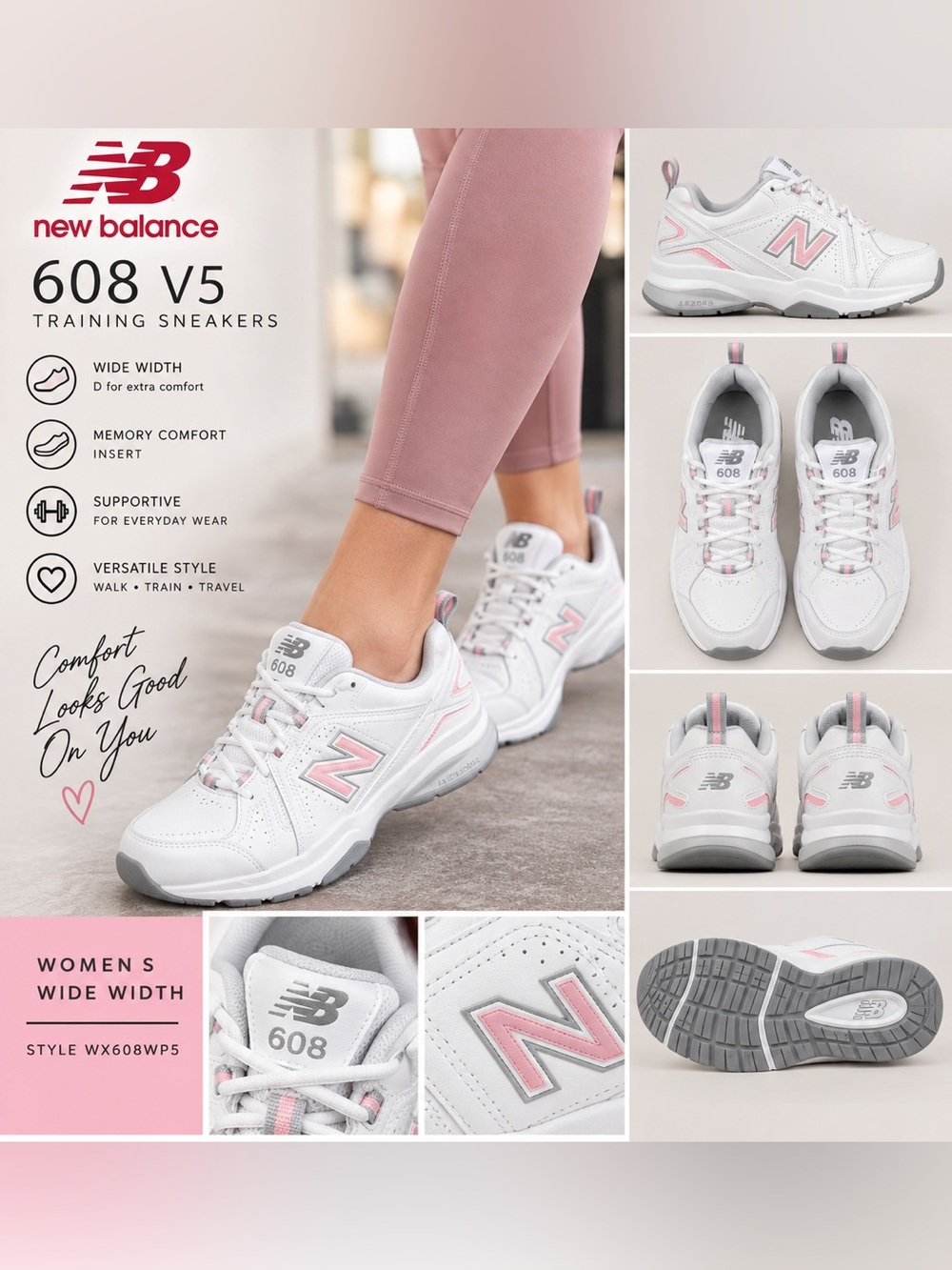 New Balance 608 V5 Womens 6 Wide White Pink Training Walking Shoes NWT